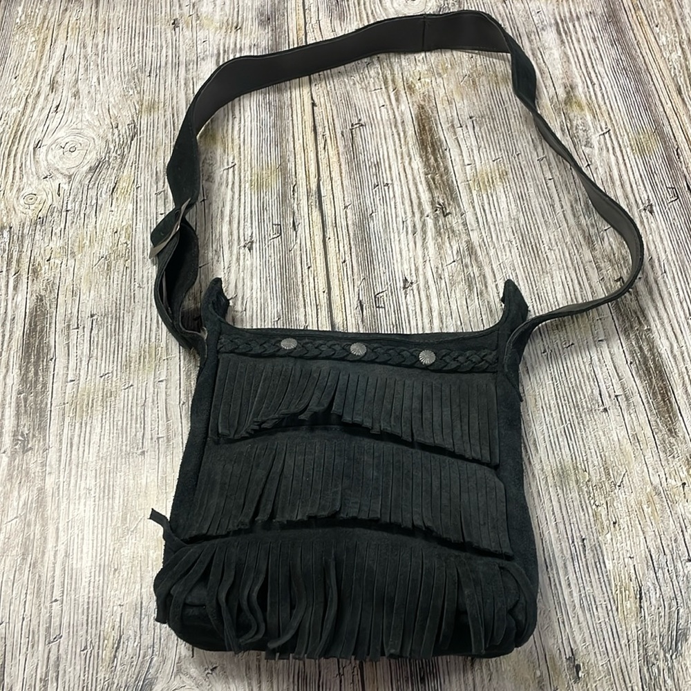 Vintage Minnetonka Suede & Leather Fringe Black Crossbody Bag